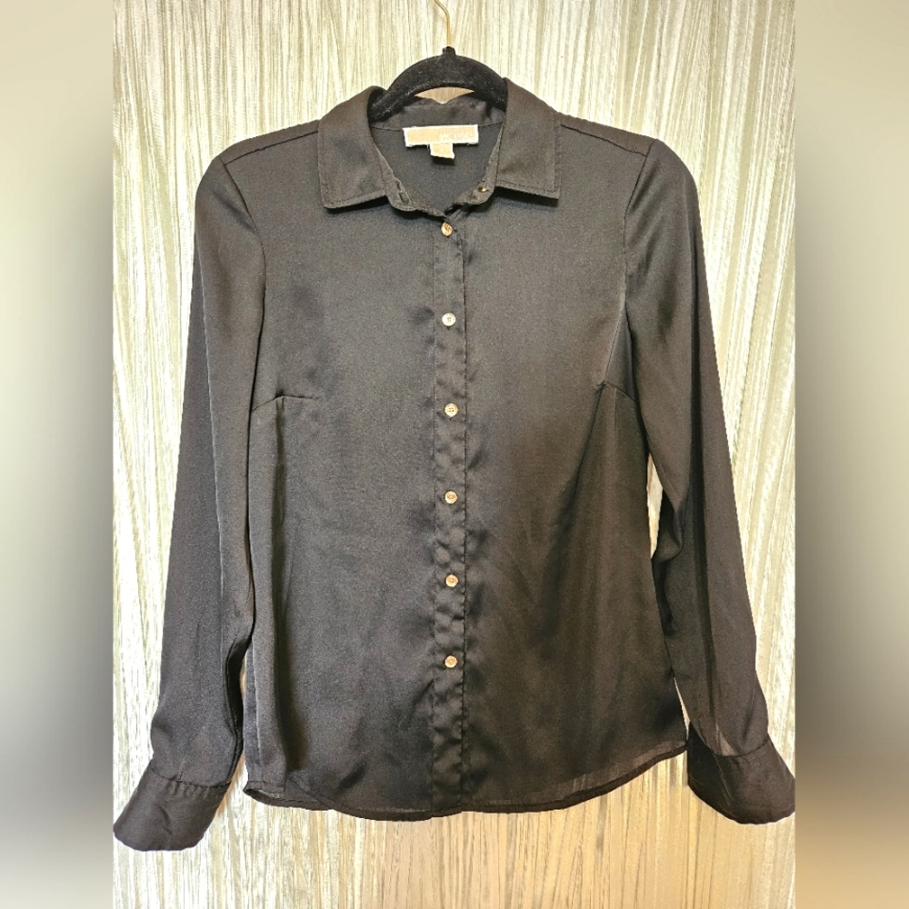 Michael Kors Black Satin Long Sleeve Button Down Blouse- Women's Size 2